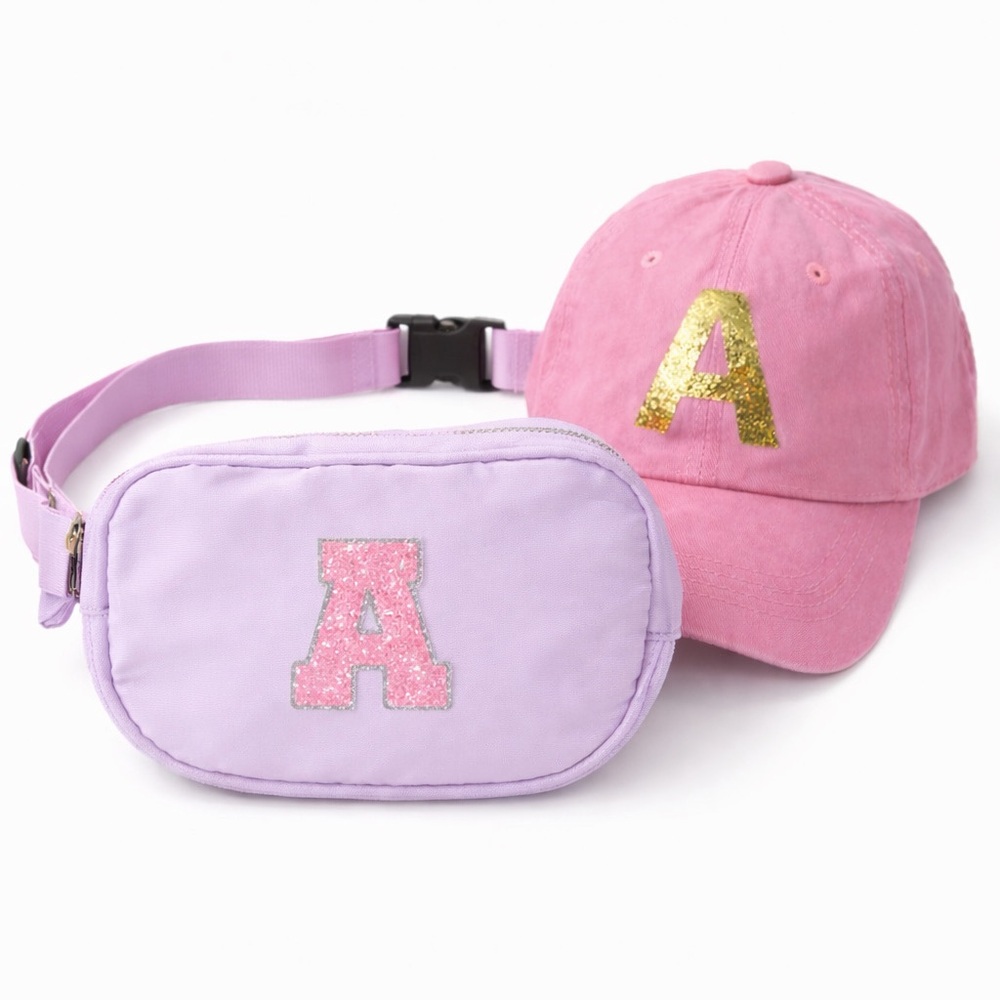 Pink Initial “A” Hat + Lavender Glitter “A” Belt Bag Bundle